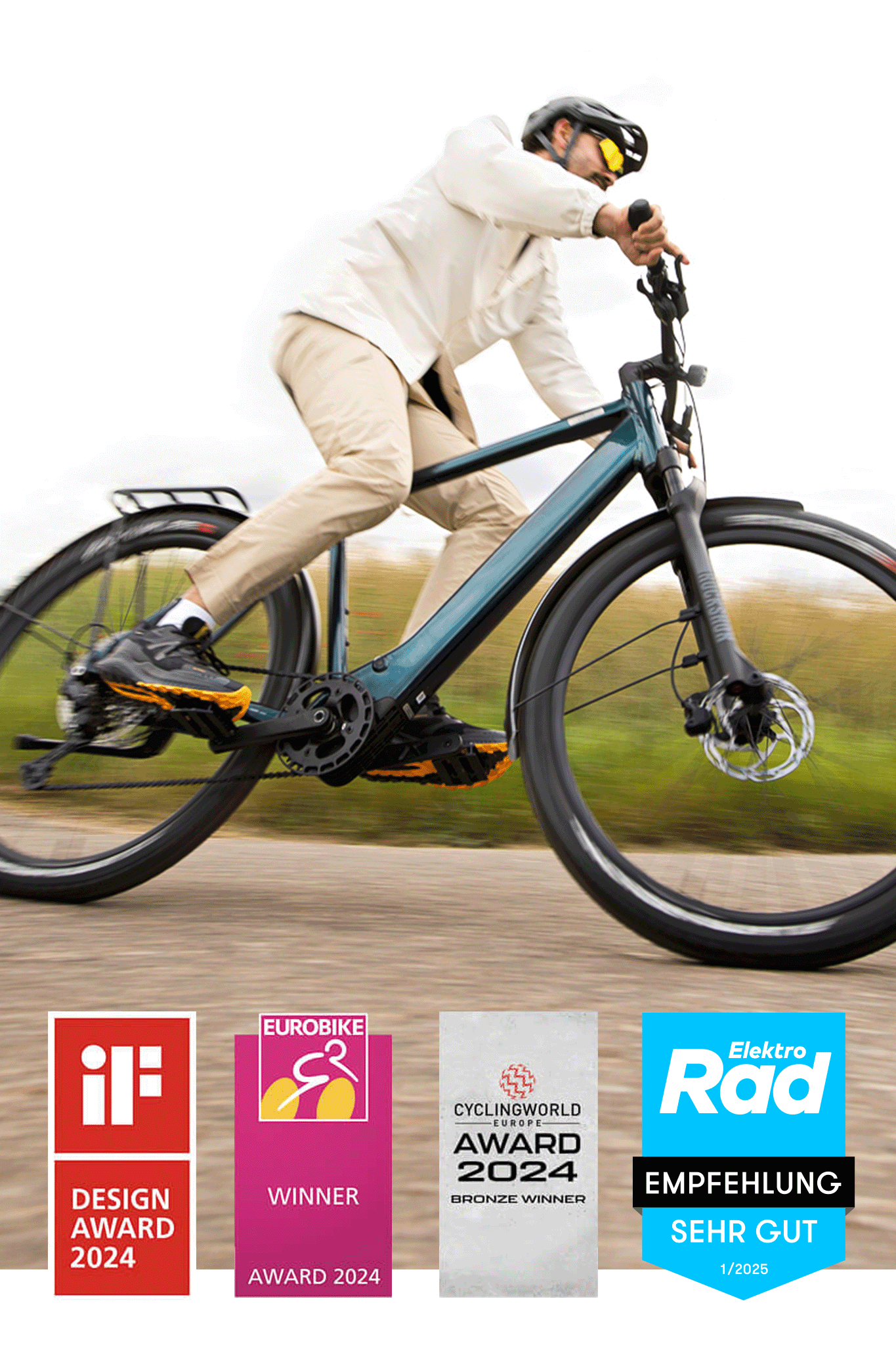 Mann fährt auf Coboc E-Bike Skye um die Kurve